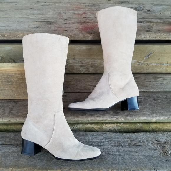 Vintage 90s y2k Chunky Heel Square Toe Bone Cream Suede Leather Tall Boots 7.5 - Picture 2 of 11